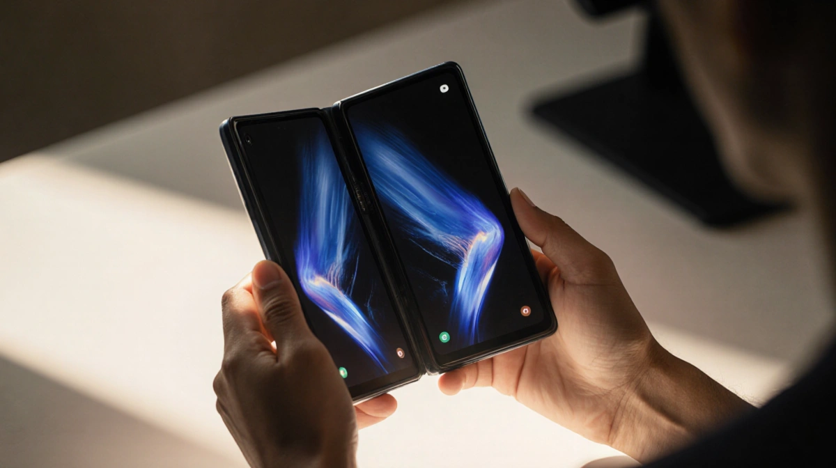 Hands hold open Samsung Galaxy Z Fold 7 with sleek foldable screen showing on minimalist desk with soft warm light