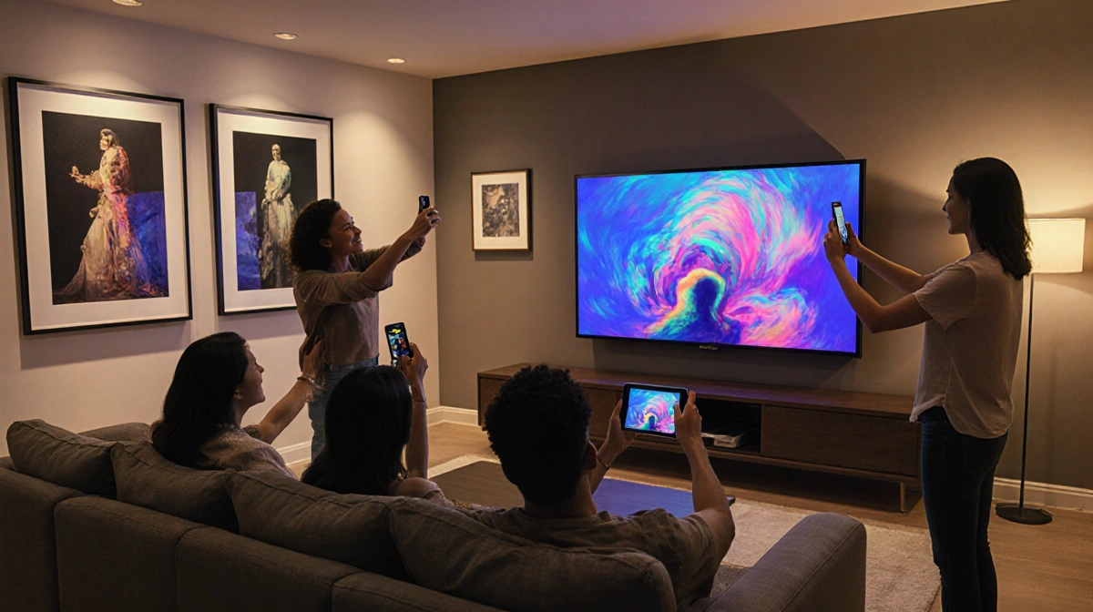 Friends admire art on Samsung Frame TV above sofa with tablet and wall prints nearby