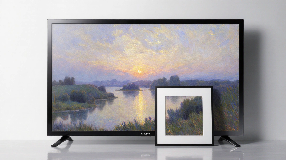 Samsung Frame TV showing Monet's Impression Sunrise with magnetic frame partially attached and subtle screen reflections