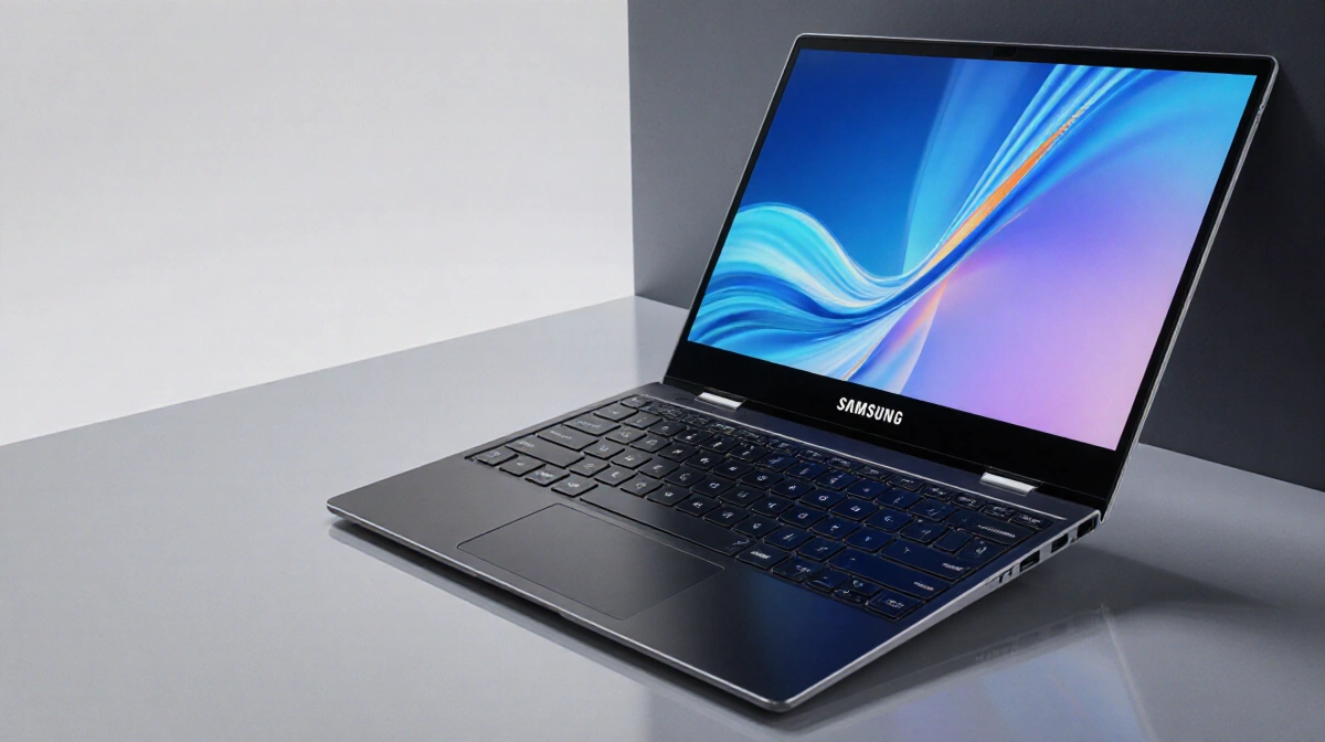 Samsung Galaxy Book 5 Pro 360 laptop angled up with vibrant AMOLED screen showing crisp display and sleek design