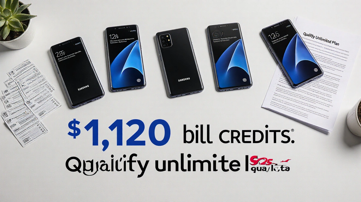 Five Samsung Galaxy S25 phones line up on desk with bill credits papers showing $1,120 savings offer