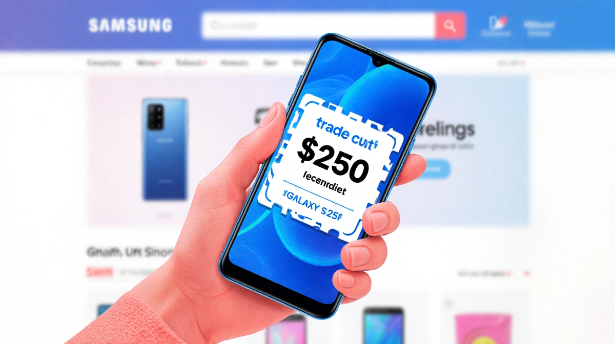 Person holding Samsung Galaxy S25 with 250 dollar discount sticker on screen and blurred shopping items in background