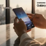 Hands clutch Samsung Galaxy S25 Ultra with golden screen glow and city lights blurred behind