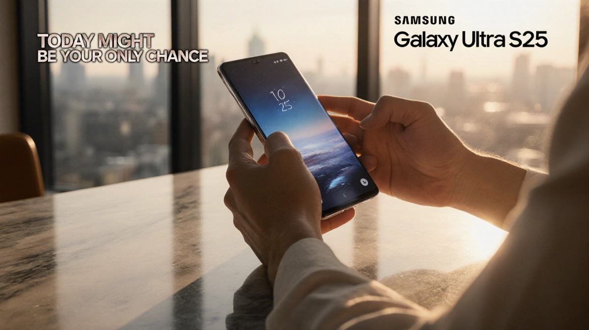 Hands clutch Samsung Galaxy S25 Ultra with golden screen glow and city lights blurred behind