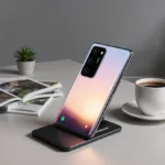 Samsung Galaxy S25 Edge glows on coffee table with coffee cup and magazines in modern living room