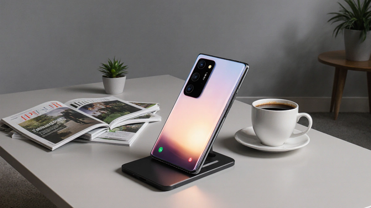 Samsung Galaxy S25 Edge glows on coffee table with coffee cup and magazines in modern living room