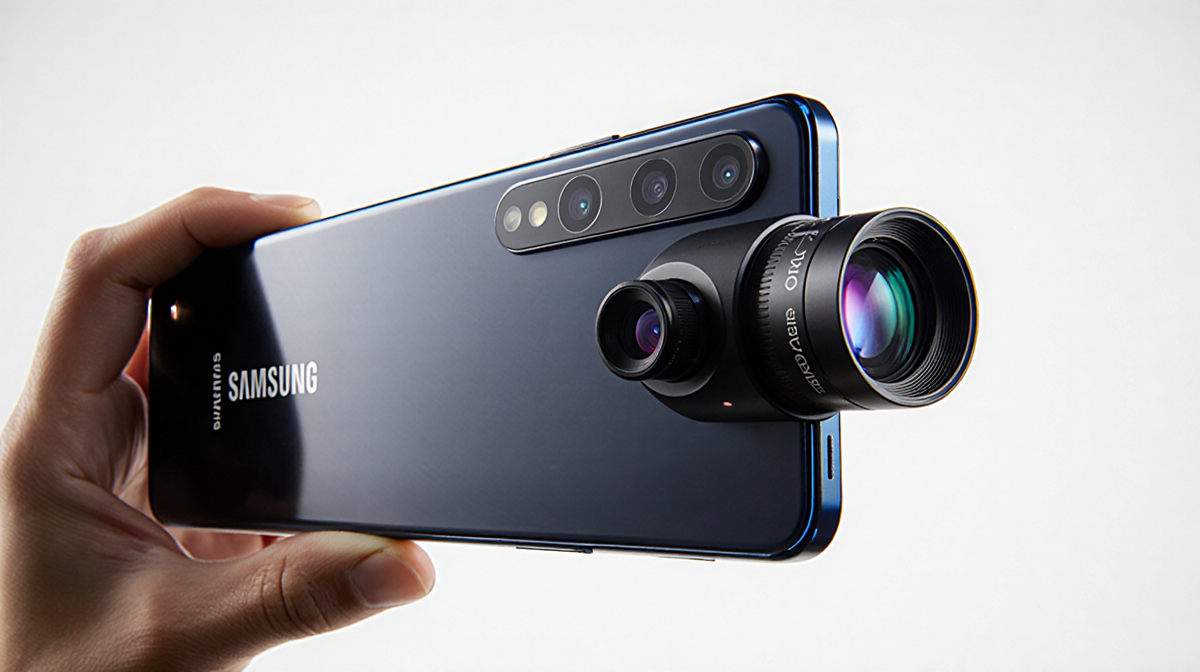 Person holding Galaxy S25 Ultra with extended camera lens showing 8x optical zoom and bright flash