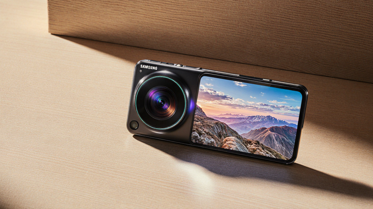 Futuristic smartphone sits atop a desk with golden light and a vibrant landscape on its screen