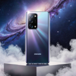 Sleek Samsung Galaxy S26 Ultra rests on silver pedestal with glowing OLED screen and nebula dust swirling around