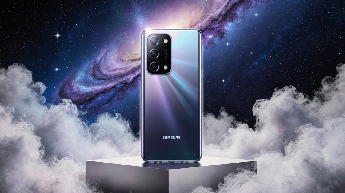 Sleek Samsung Galaxy S26 Ultra rests on silver pedestal with glowing OLED screen and nebula dust swirling around