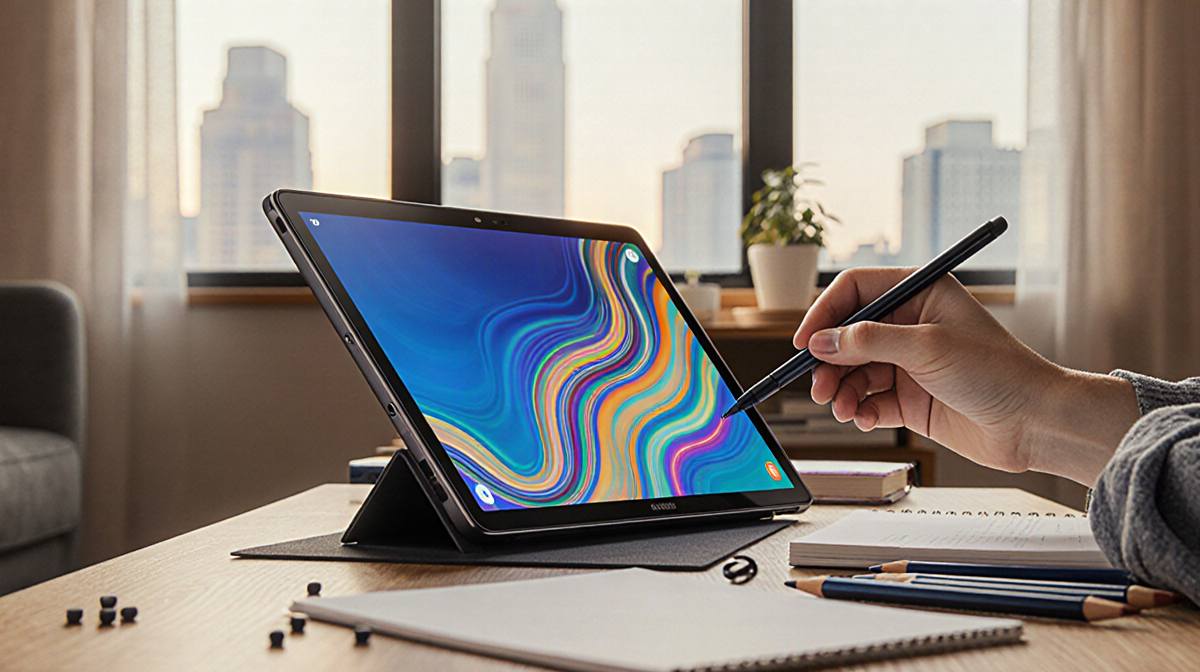 Person scrolling on a Samsung Galaxy Tab S10 Lite on a coffee table with an S Pen in hand and a cityscape behind.