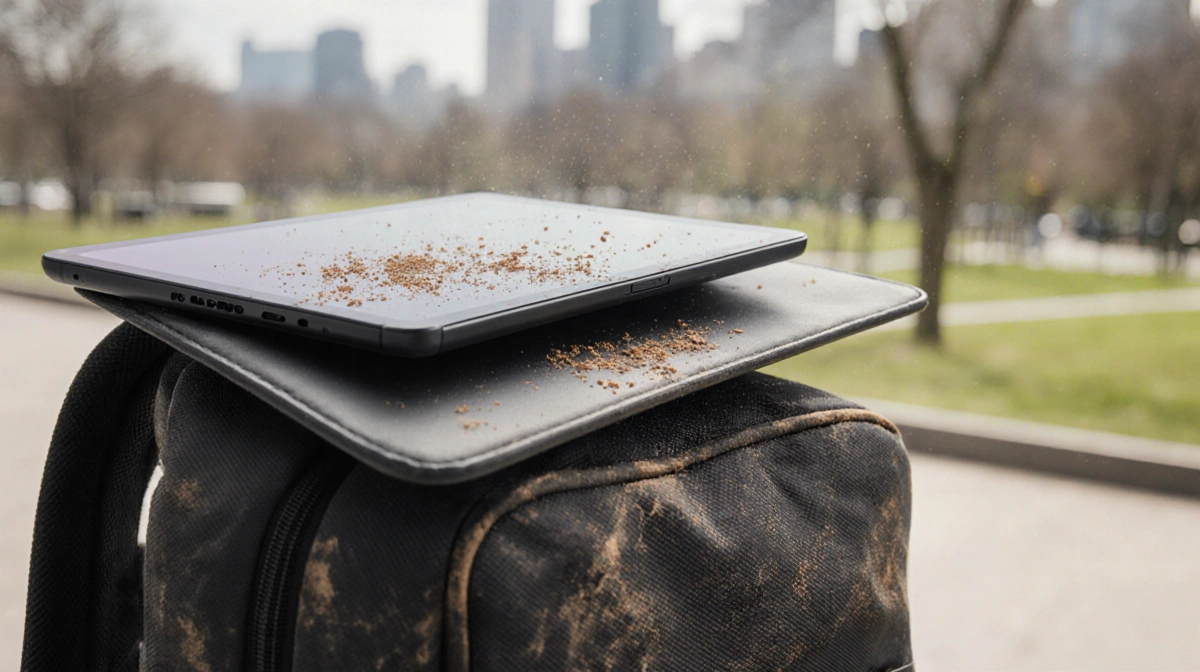 Samsung Galaxy Tab S10 Plus rests on worn travel bag with dust specks showing IP68 protection and city blur behind