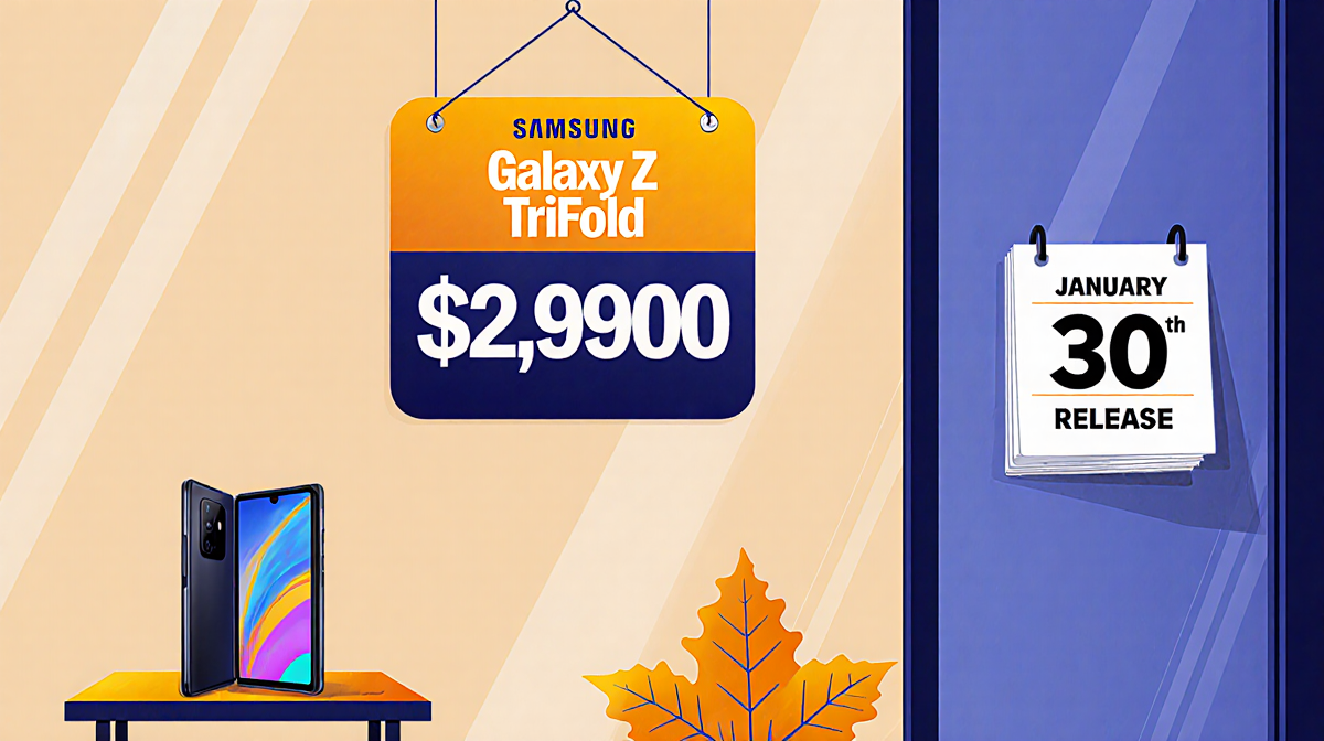 Window showcases a Samsung Galaxy Z TriFold phone with a $2,900 price tag and January 30 release date.