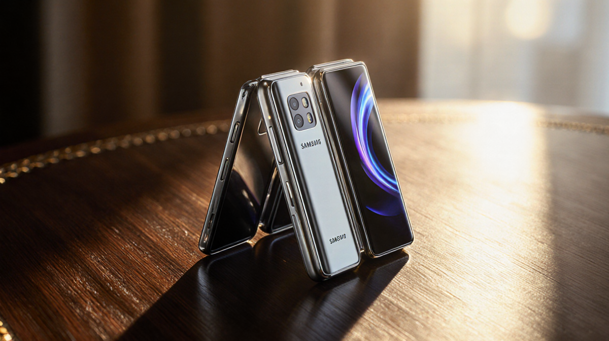 Samsung Galaxy Z TriFold smartphone unfolding with three flexible OLED displays on a dark wood desk and luxury golden glow