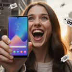Person excitedly holds up Samsung Galaxy Z Fold 5 with golden glow and price tags and savings slips