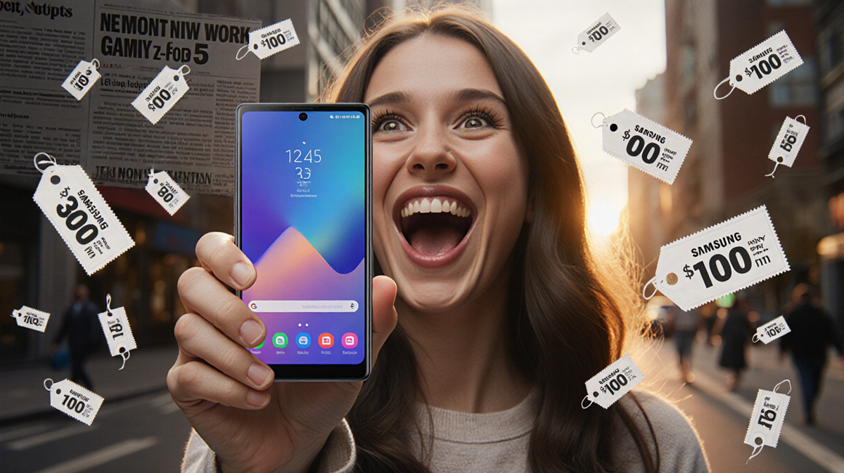 Person excitedly holds up Samsung Galaxy Z Fold 5 with golden glow and price tags and savings slips