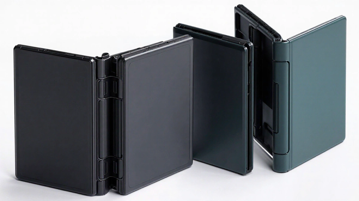 Two Samsung Galaxy Z Fold phones sit side by side with the TriFold showing three panels and the Fold displaying two panels wi