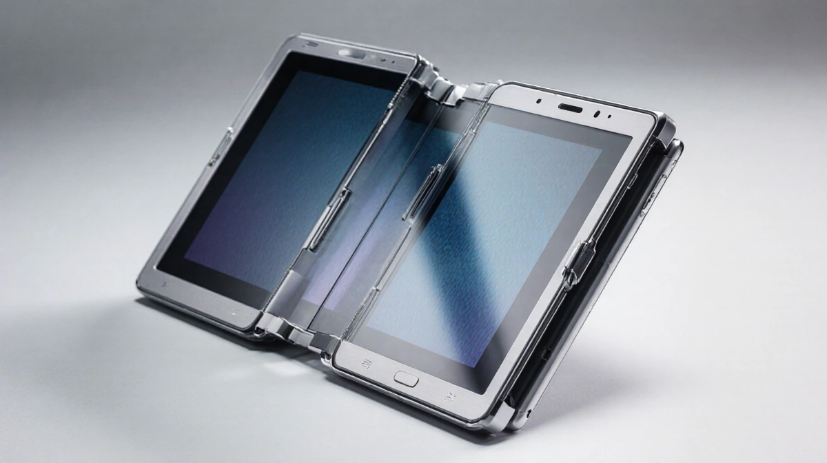 Samsung Galaxy Z TriFold unfolds into tablet mode with 10-inch gradient screen and visible hinges showing sophisticated desig