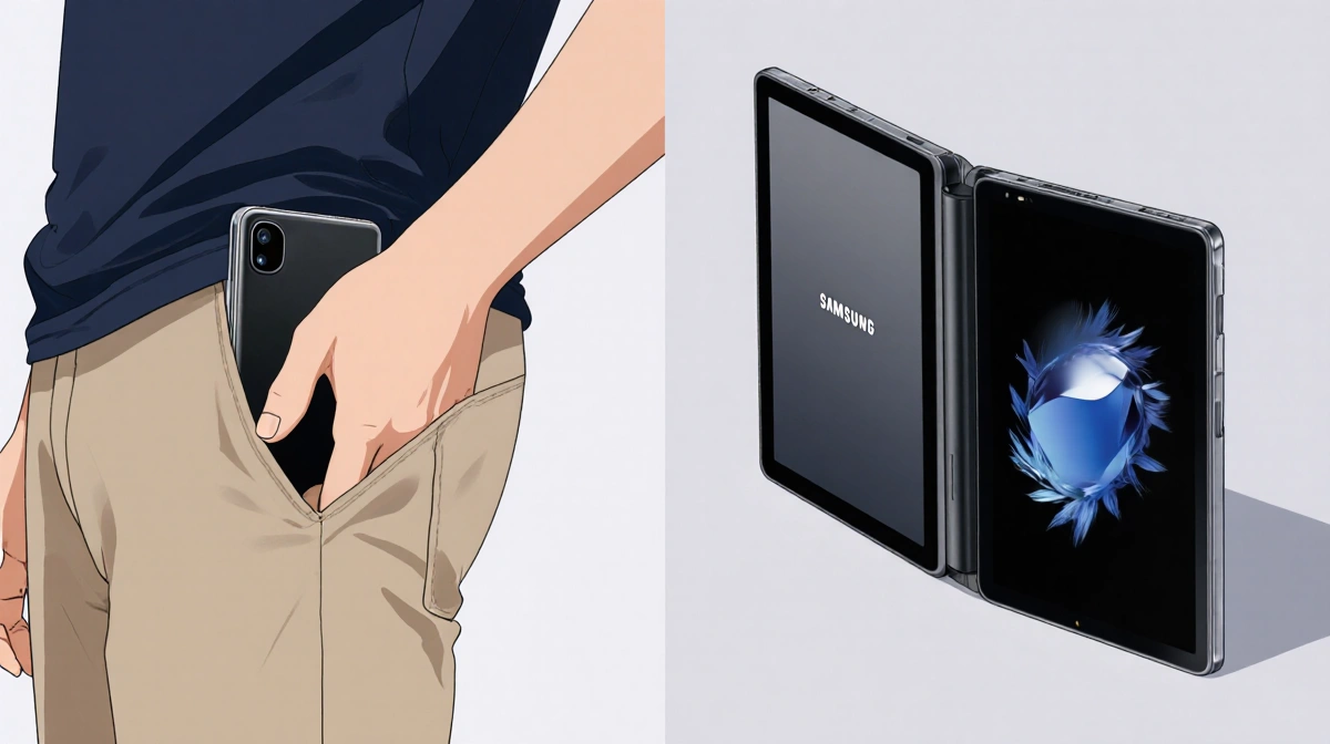 Person sliding Samsung Galaxy Z Fold 7 into pocket with unfolded tablet showing Samsung logo on screen