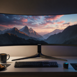 Samsung Odyssey curved OLED monitor floating over desk with gaming controller and coffee.