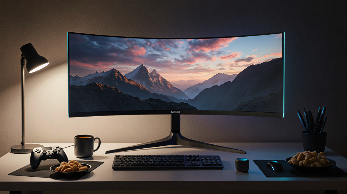 Samsung Odyssey curved OLED monitor floating over desk with gaming controller and coffee.
