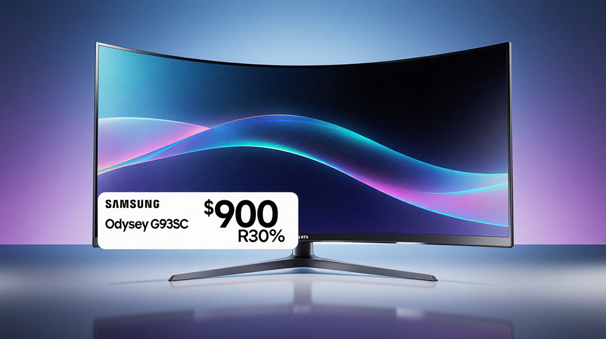 Curved OLED monitor shows a bold $900 price tag with a 30% discount sticker against a blue purple gradient background