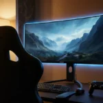 Samsung Odyssey monitor glows blue while showing immersive game with gaming chair and PC tower nearby