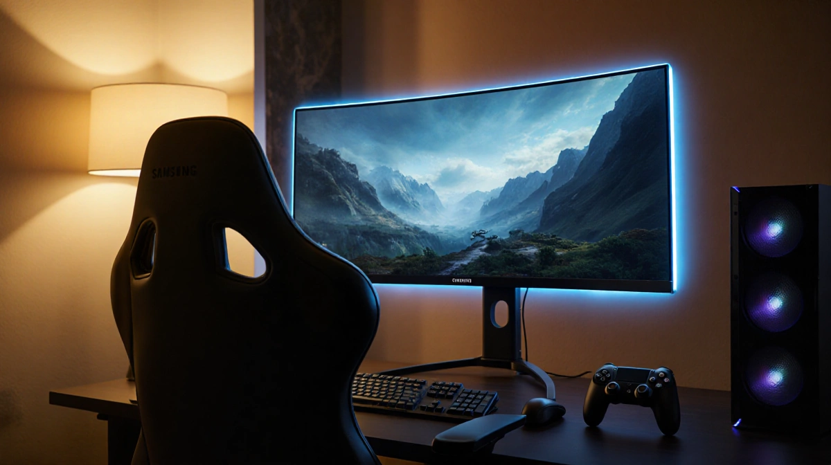 Samsung Odyssey monitor glows blue while showing immersive game with gaming chair and PC tower nearby