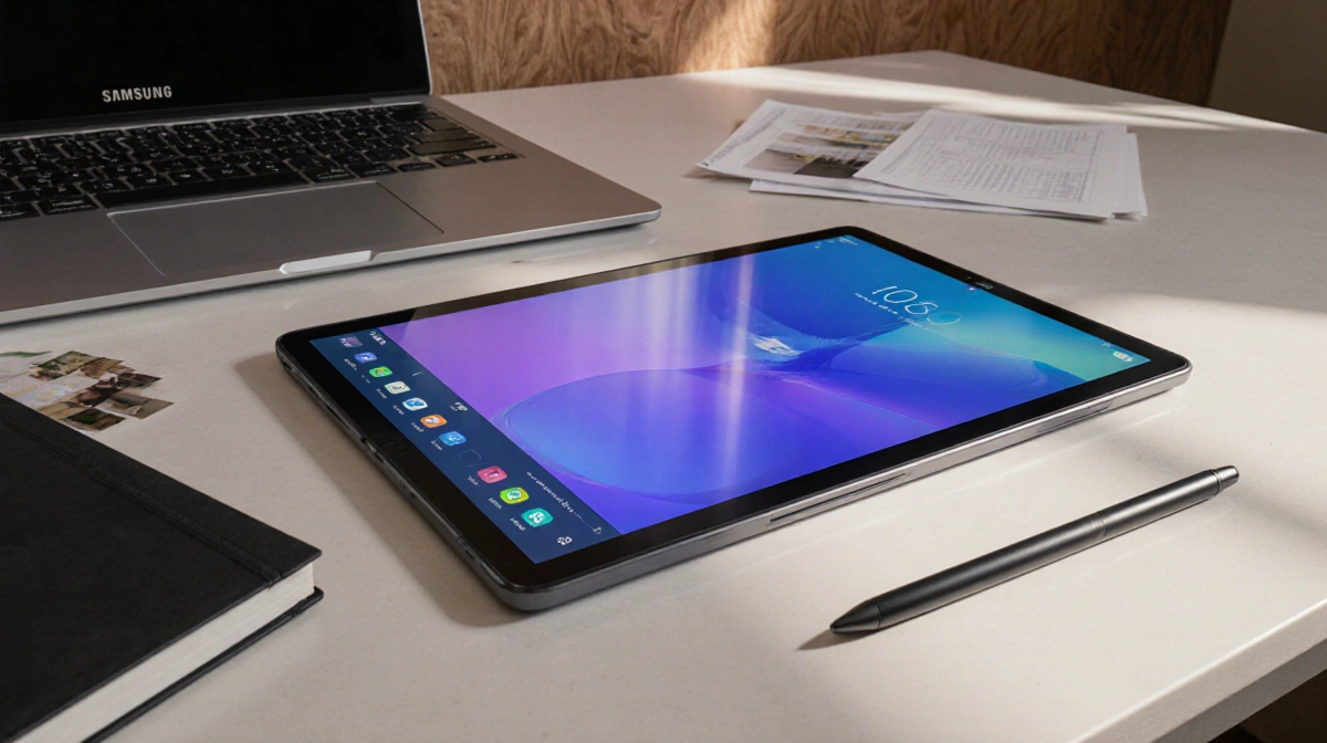 Samsung Galaxy Tab S10 Lite sits on desk with laptop and notebook showing organized workspace