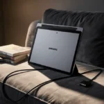Samsung Galaxy Tab S10 Plus rests on gray velvet couch with warm lamp glow and coffee nearby