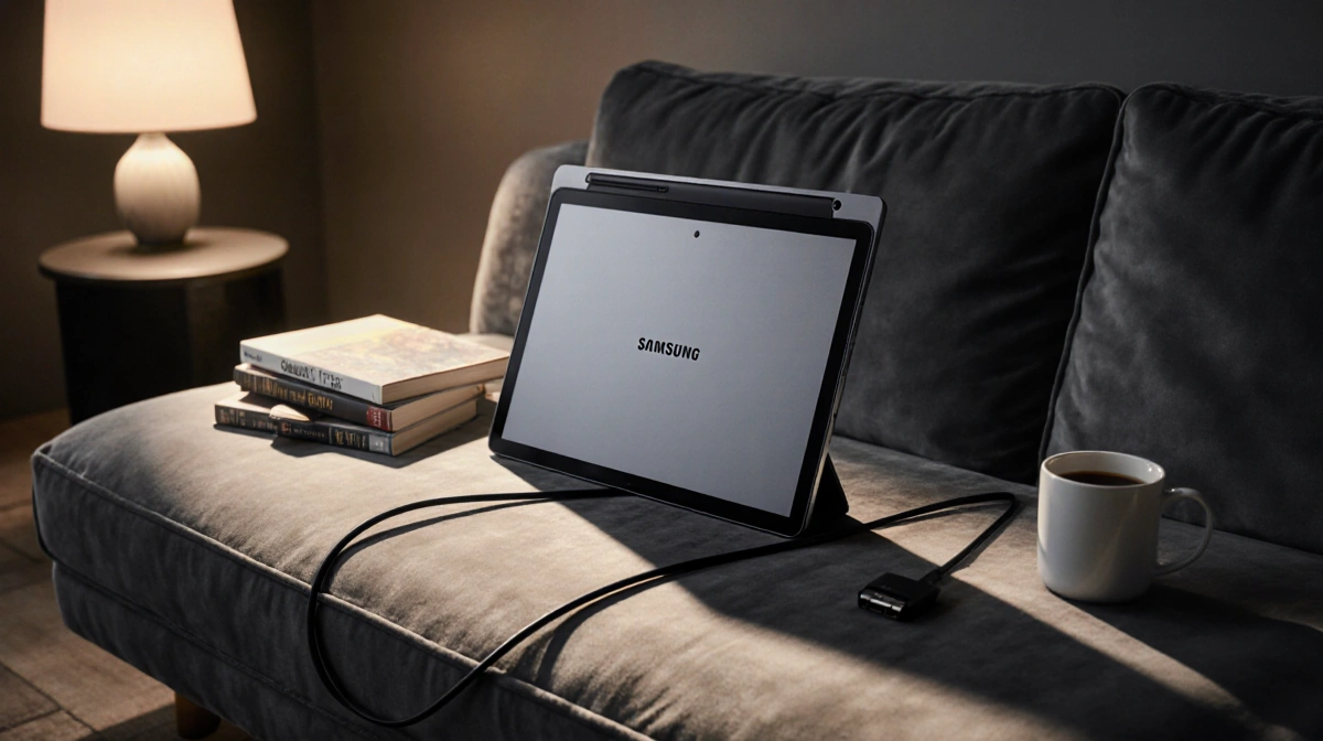 Samsung Galaxy Tab S10 Plus rests on gray velvet couch with warm lamp glow and coffee nearby