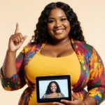 Plus-size influencer Samyra holds deleted video on tablet while confidently gesturing toward herself with bright outfit and r