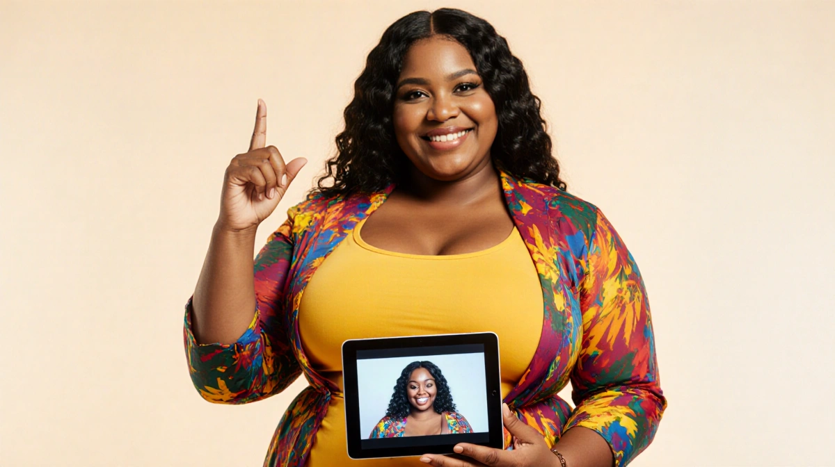 Plus-size influencer Samyra holds deleted video on tablet while confidently gesturing toward herself with bright outfit and r