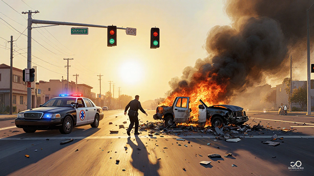 Paramedic rushing toward burning car wreck with police car and smoke rising at Highland Del Rosa intersection