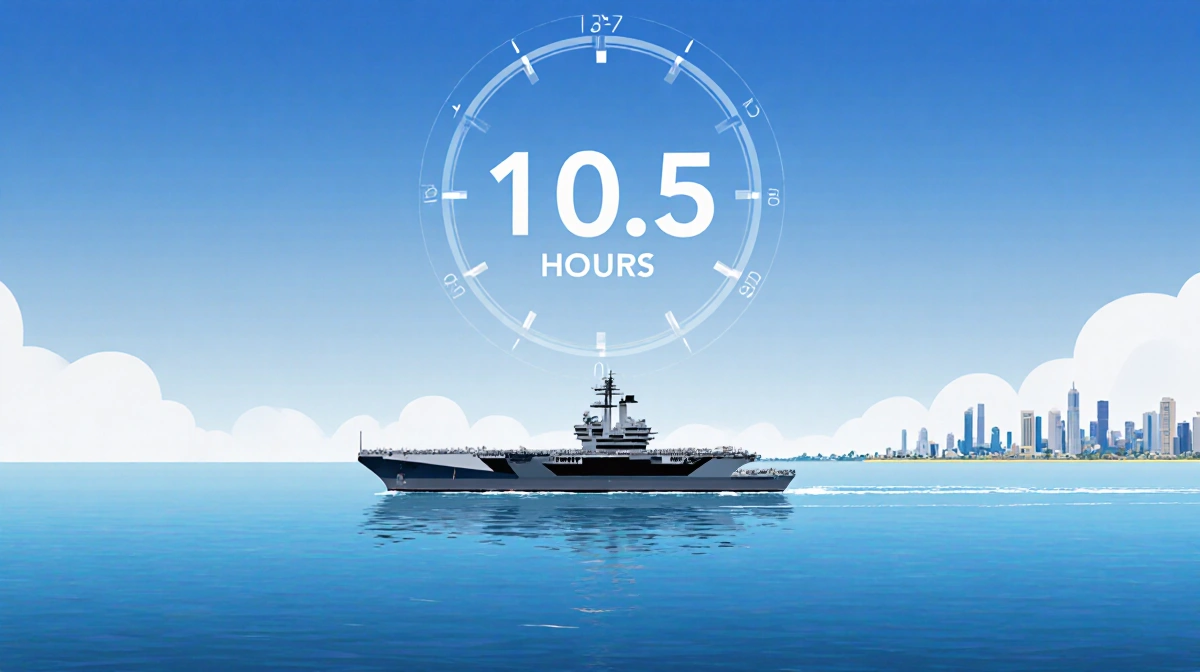 Modern naval ship sailing near San Diego coastline with calm blue waters and navigation screen showing 10.5 hours