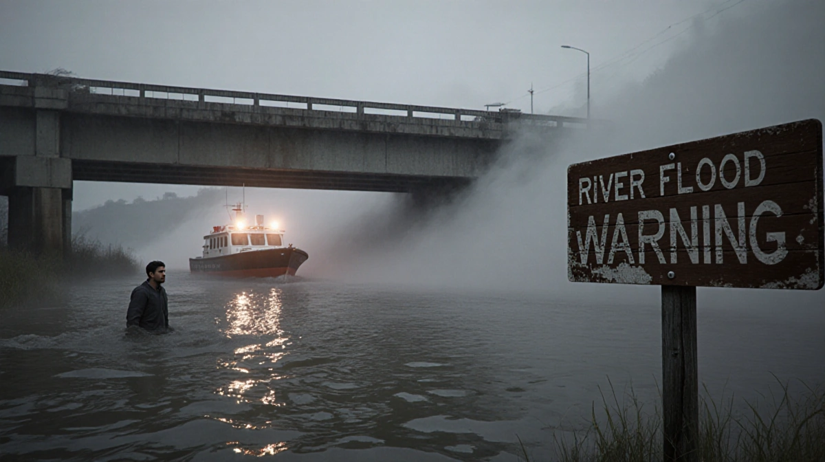 Man trapped under flooded bridge waving with rescue boat lights illuminating foggy river.