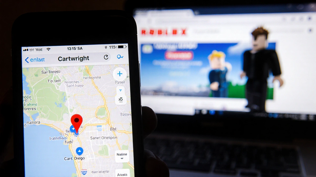 Empty smartphone shows San Diego map with arrow pointing to Cartwright's location and teen gaming on laptop nearby