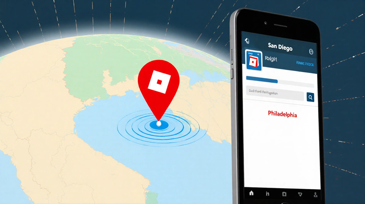 Red pin marking San Diego on US map with phone showing Roblox icon and glowing signal waves