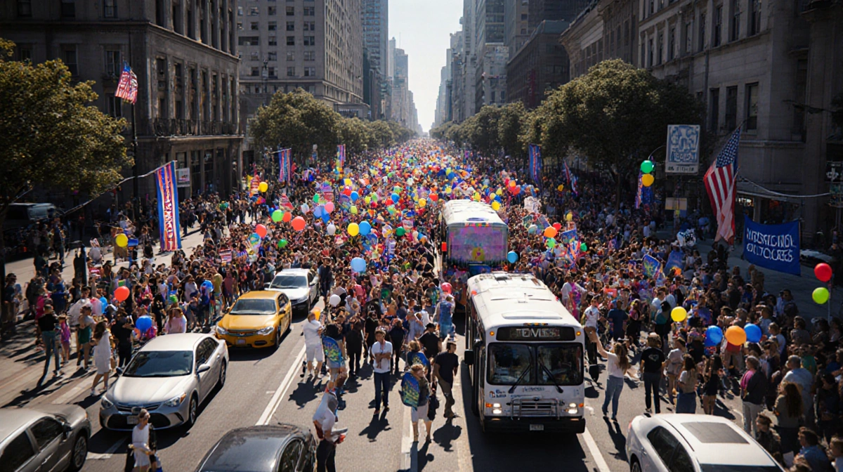 San Francisco street celebration with colorful banners and balloons as fans cheer from packed cars