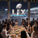Guests mingle at a lavish buffet with city lights and the Super Bowl LX logo above and Levi