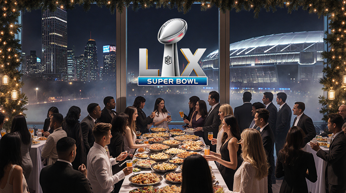 Guests mingle at a lavish buffet with city lights and the Super Bowl LX logo above and Levi