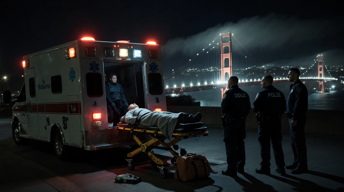Paramedic team standing beside ambulance with flashing lights and a stretcher with a figure under a foggy Golden Gate Bridge