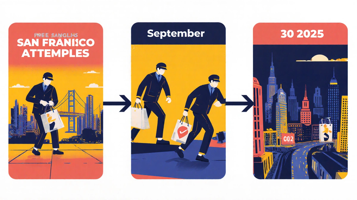 Three-panel timeline illustration shows San Francisco robbery attempts with bold colors and geometric shapes