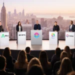 Six founders stand on stage with products while audience leans forward against blurred San Francisco skyline