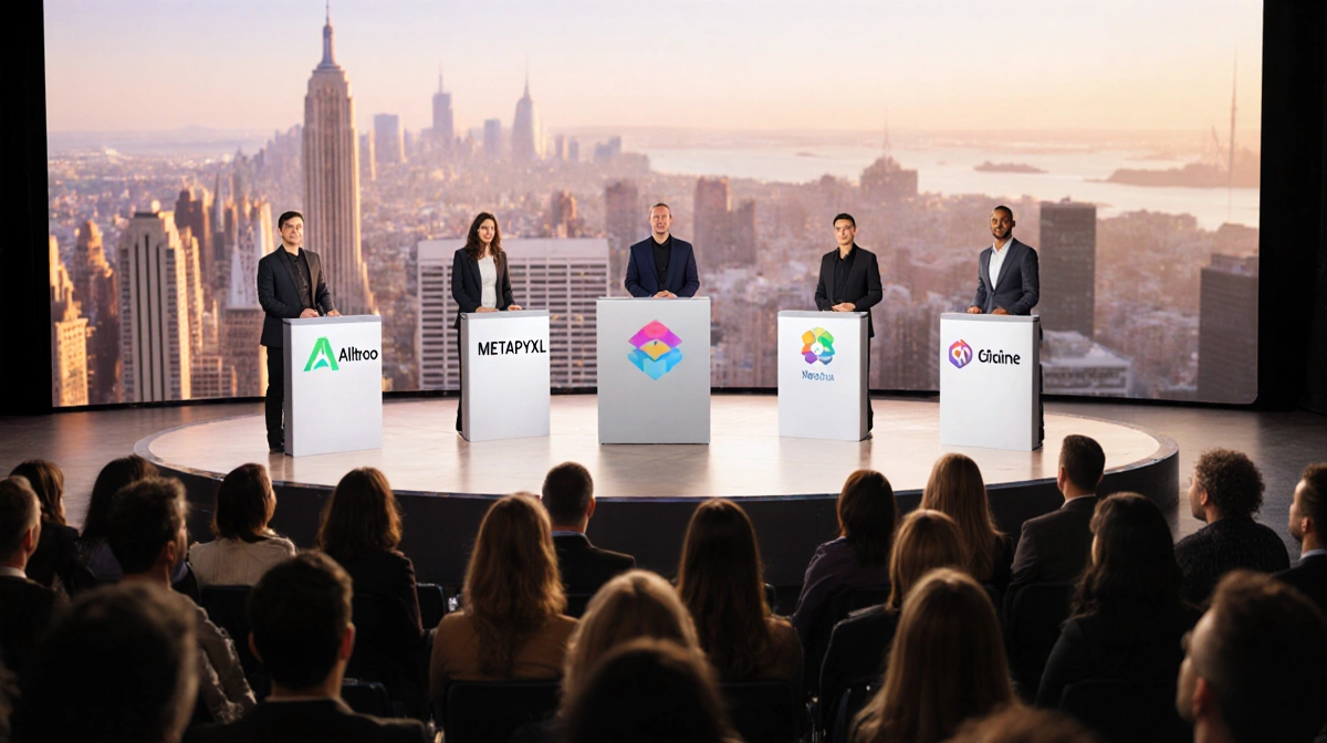 Six founders stand on stage with products while audience leans forward against blurred San Francisco skyline