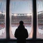 Spectator watching distant scene with frosted windows of San Siro winter wonderland and Milan lights shining