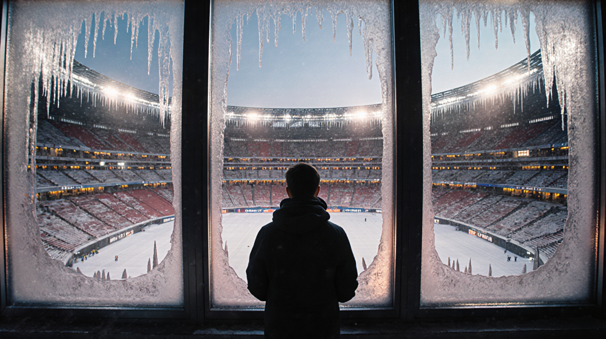 Spectator watching distant scene with frosted windows of San Siro winter wonderland and Milan lights shining