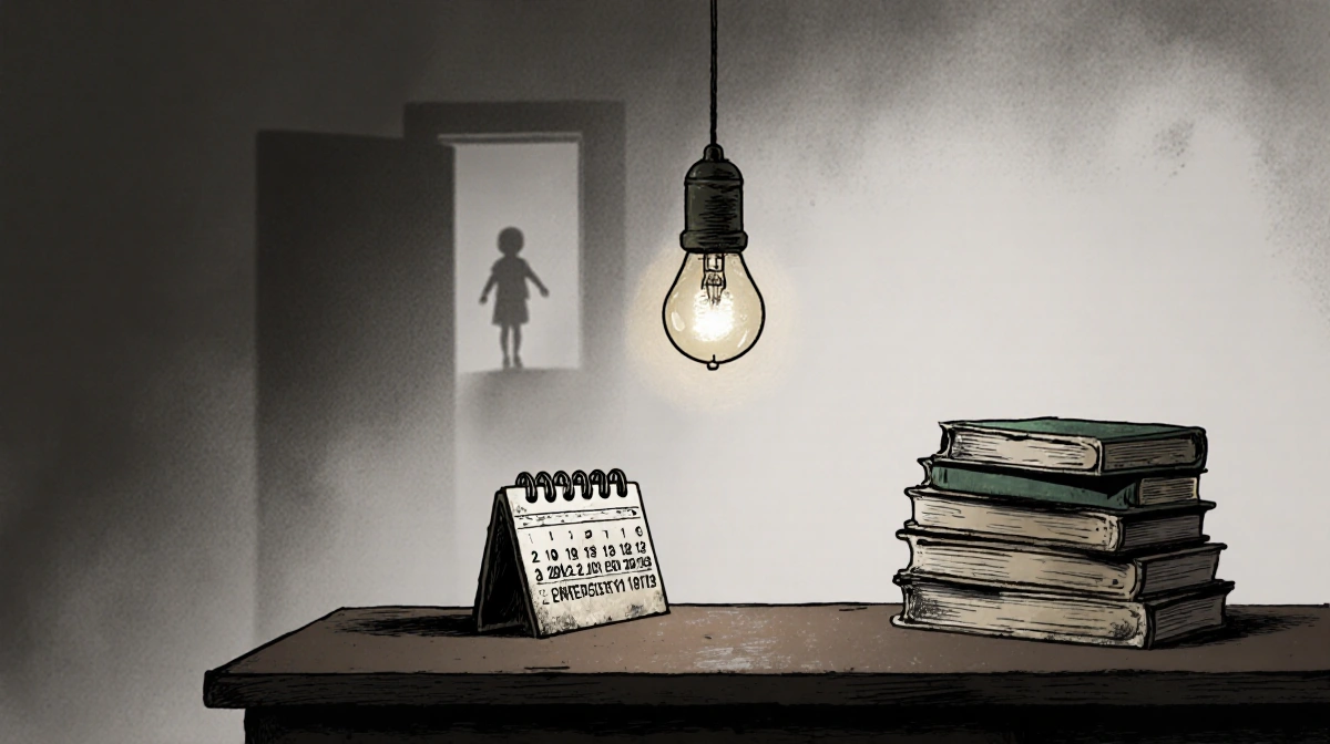 Dim room shows empty desk with flickering light bulb and outdated medical textbooks showing Sanfilippo syndrome research negl