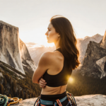 Sanni McCandless Honnold stands at cliff edge with Yosemite valley behind her arms crossed in sunset glow and climbing gear.