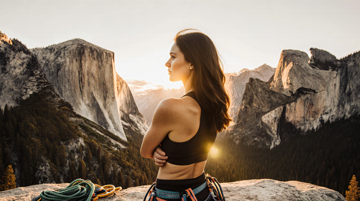 Sanni McCandless Honnold stands at cliff edge with Yosemite valley behind her arms crossed in sunset glow and climbing gear.